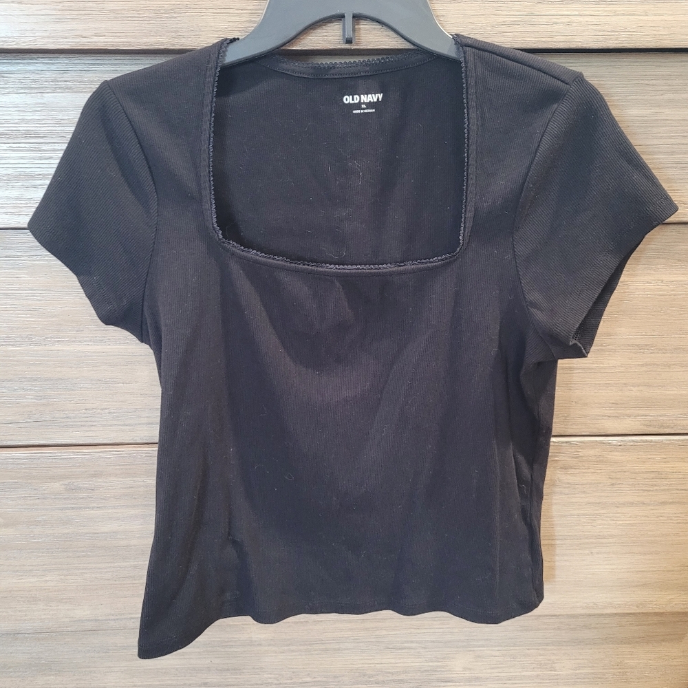 Lace Trimmed Square Neck Ribbed Tee